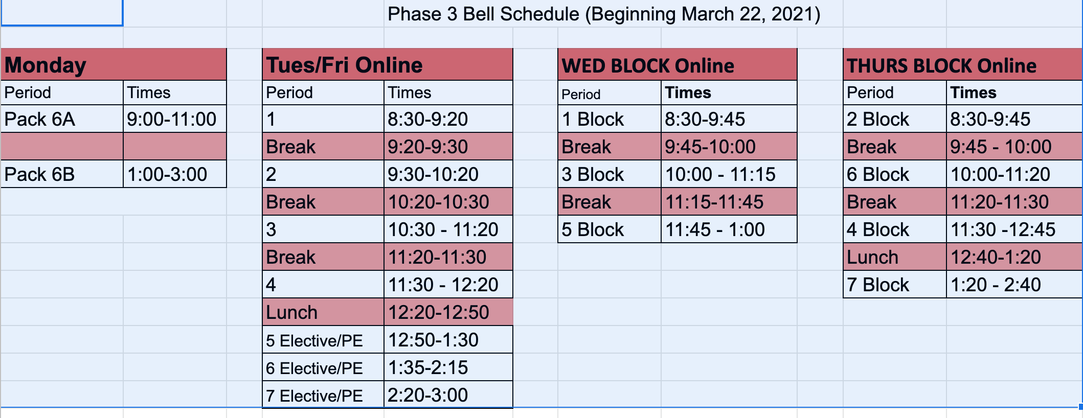 March 22, April 5 Bell Schedule